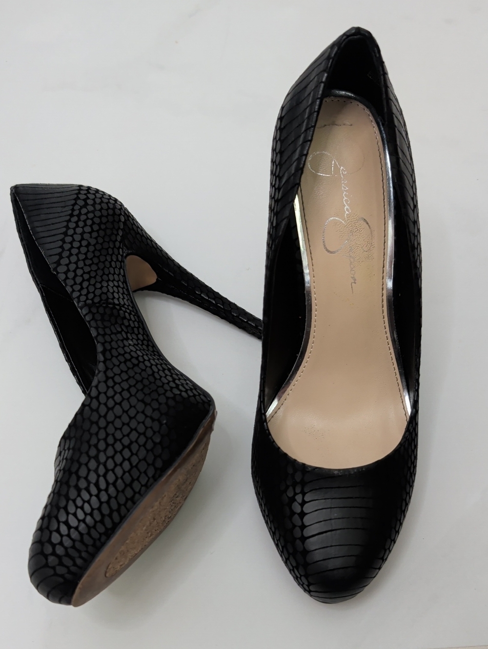 Jessica Simpson Black Faux-Snake Skin Pointed Toe Pumps